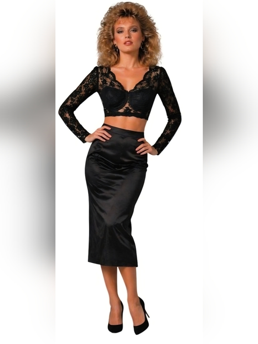 Solana Vintage 80s Black Floral Lace Open‎ Back Crop Top Bustier Long Sleeve